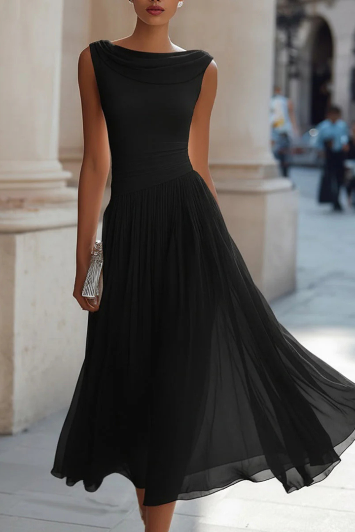 Women's Draped Pleated Midi Dress Sleeveless Wedding Guest