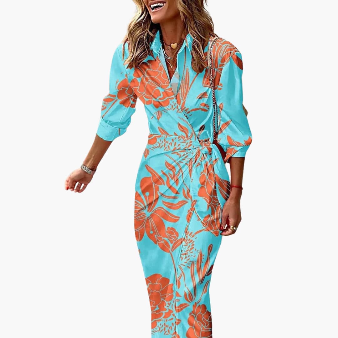Women's Midi Shirt Dress Wrap Front Waist Tie Long Sleeve