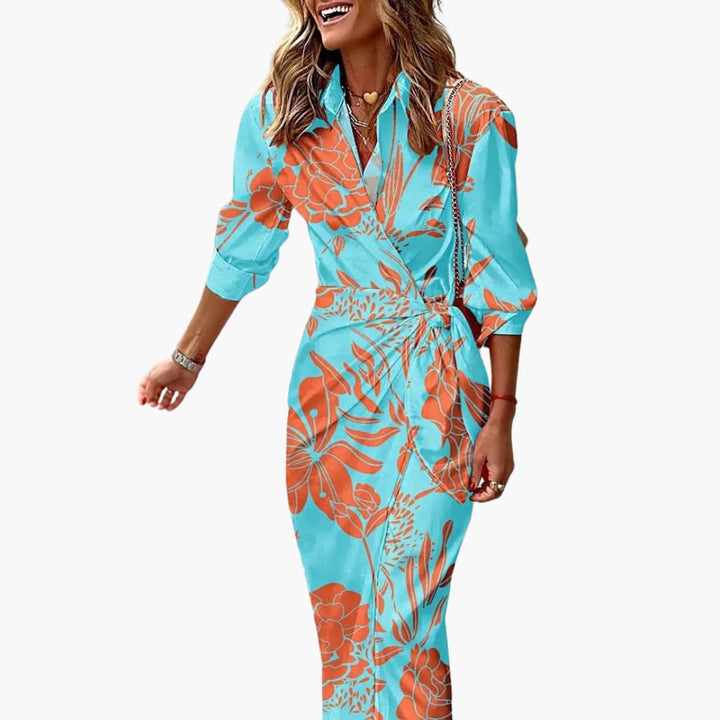 Women's Midi Shirt Dress Wrap Front Waist Tie Long Sleeve