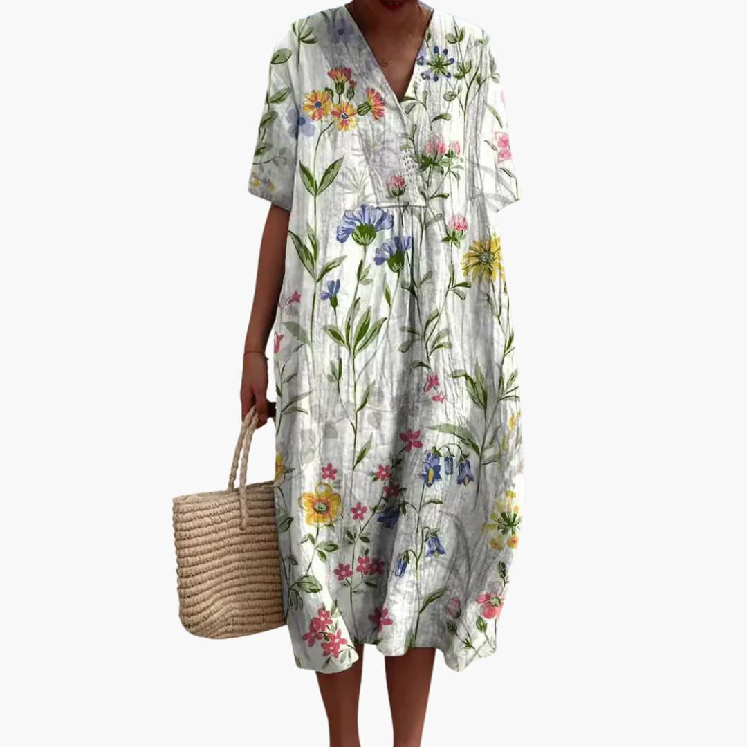 Women's Floral Midi Dress V Neck Short Sleeve Summer