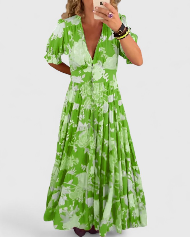 Women's V-Neck Floral Maxi Dress with Pockets
