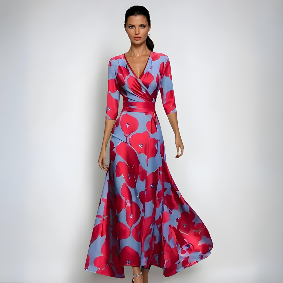 Women's Floral Midi Dress Three Quarter Sleeve