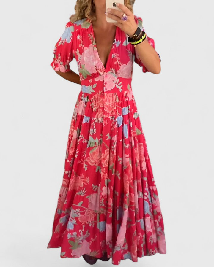 Women's V-Neck Floral Maxi Dress with Pockets