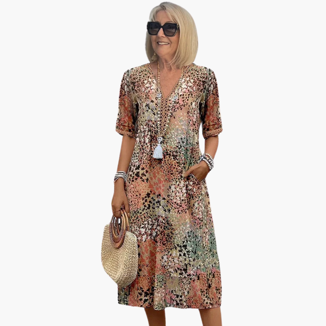Women's Floral V Neck Midi Dress Defined Waist