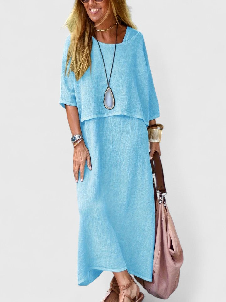 Women's Short Sleeve Layered Midi Dress