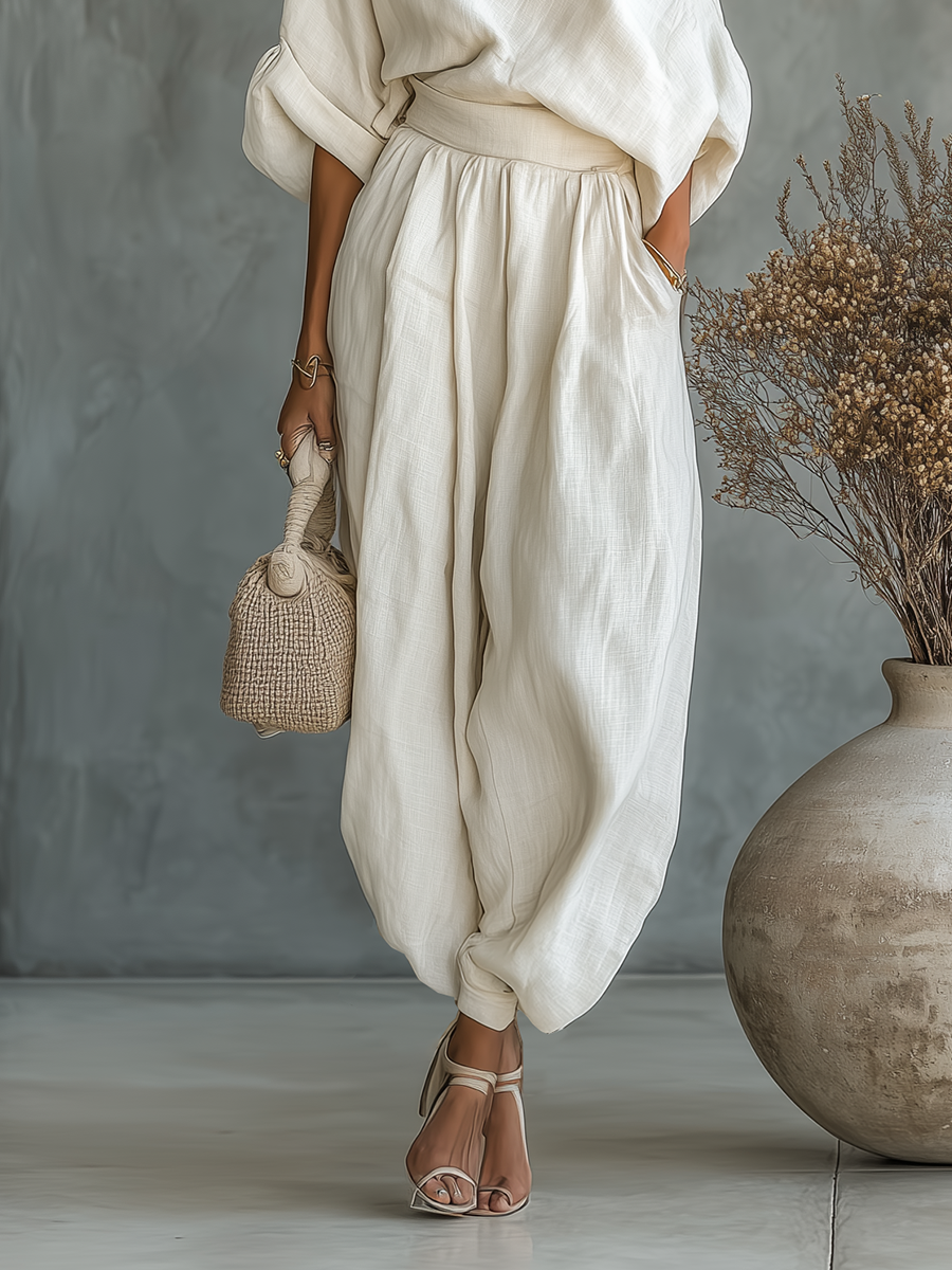 Women's Linen Co-Ord Set Off Shoulder Top Tapered Trousers