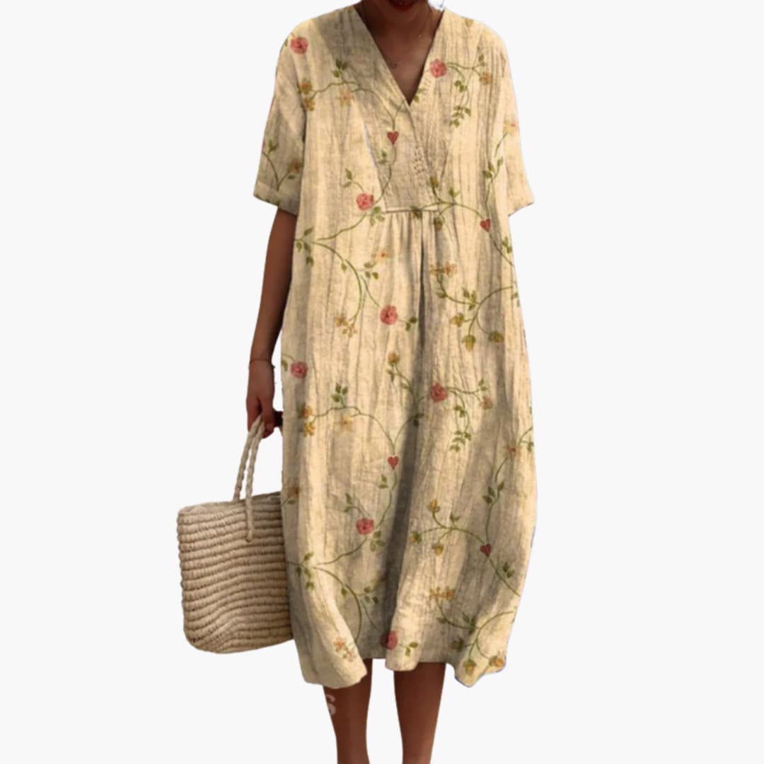 Women's Floral Midi Dress V Neck Short Sleeve Summer
