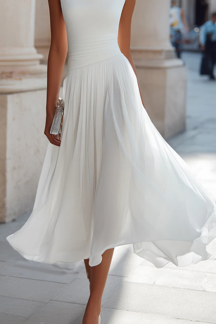 Women's Draped Pleated Midi Dress Sleeveless Wedding Guest