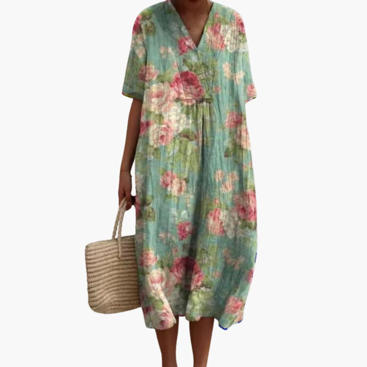 Women's Floral Midi Dress V Neck Short Sleeve Summer