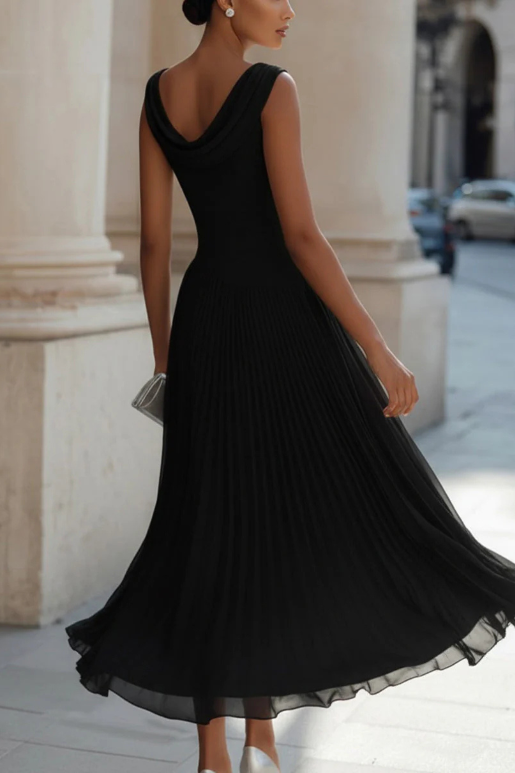 Women's Draped Pleated Midi Dress Sleeveless Wedding Guest