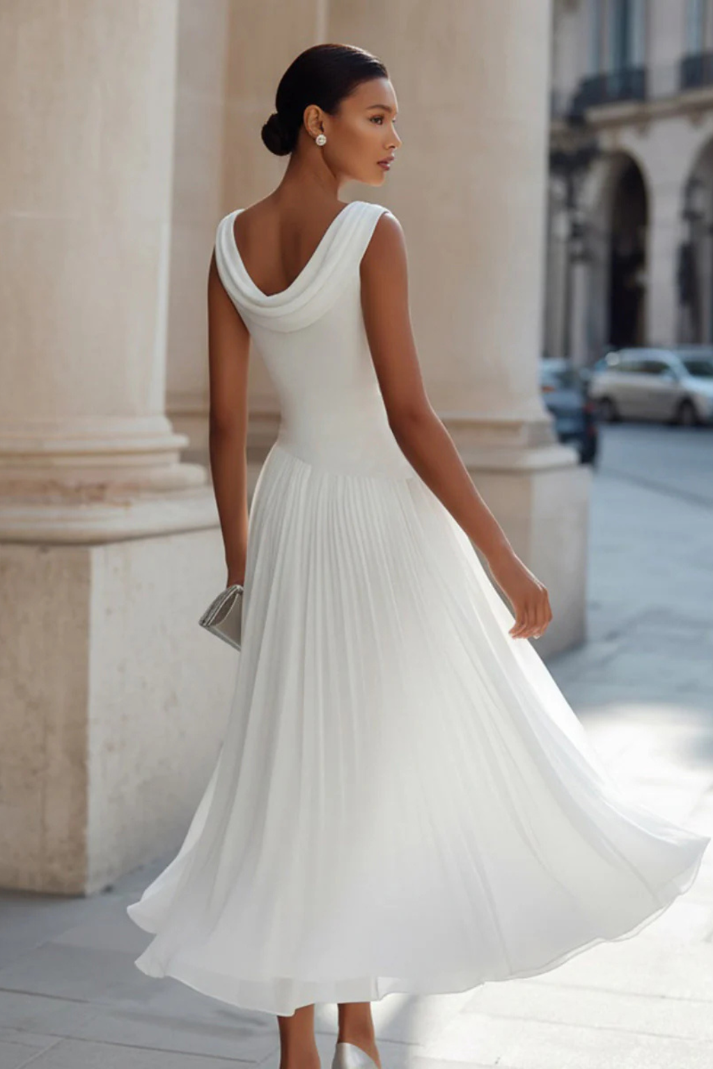 Women's Draped Pleated Midi Dress Sleeveless Wedding Guest