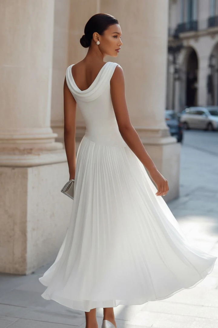 Women's Draped Pleated Midi Dress Sleeveless Wedding Guest