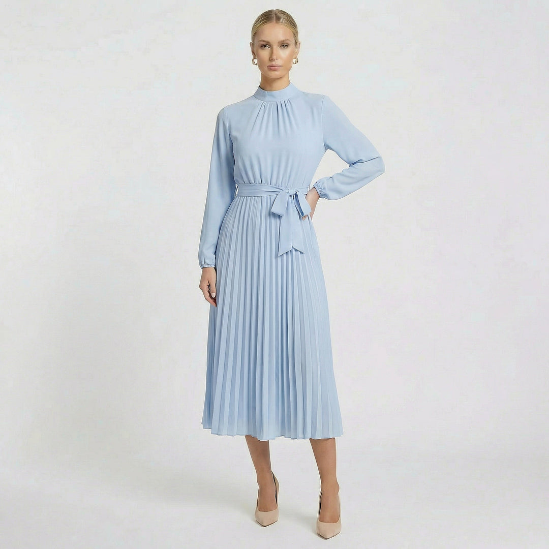 Women's Long Sleeve Pleated Midi Dress Belted Slim Fit