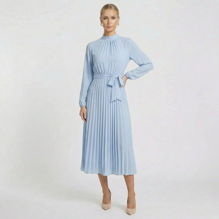 Women's Long Sleeve Pleated Midi Dress Belted Slim Fit