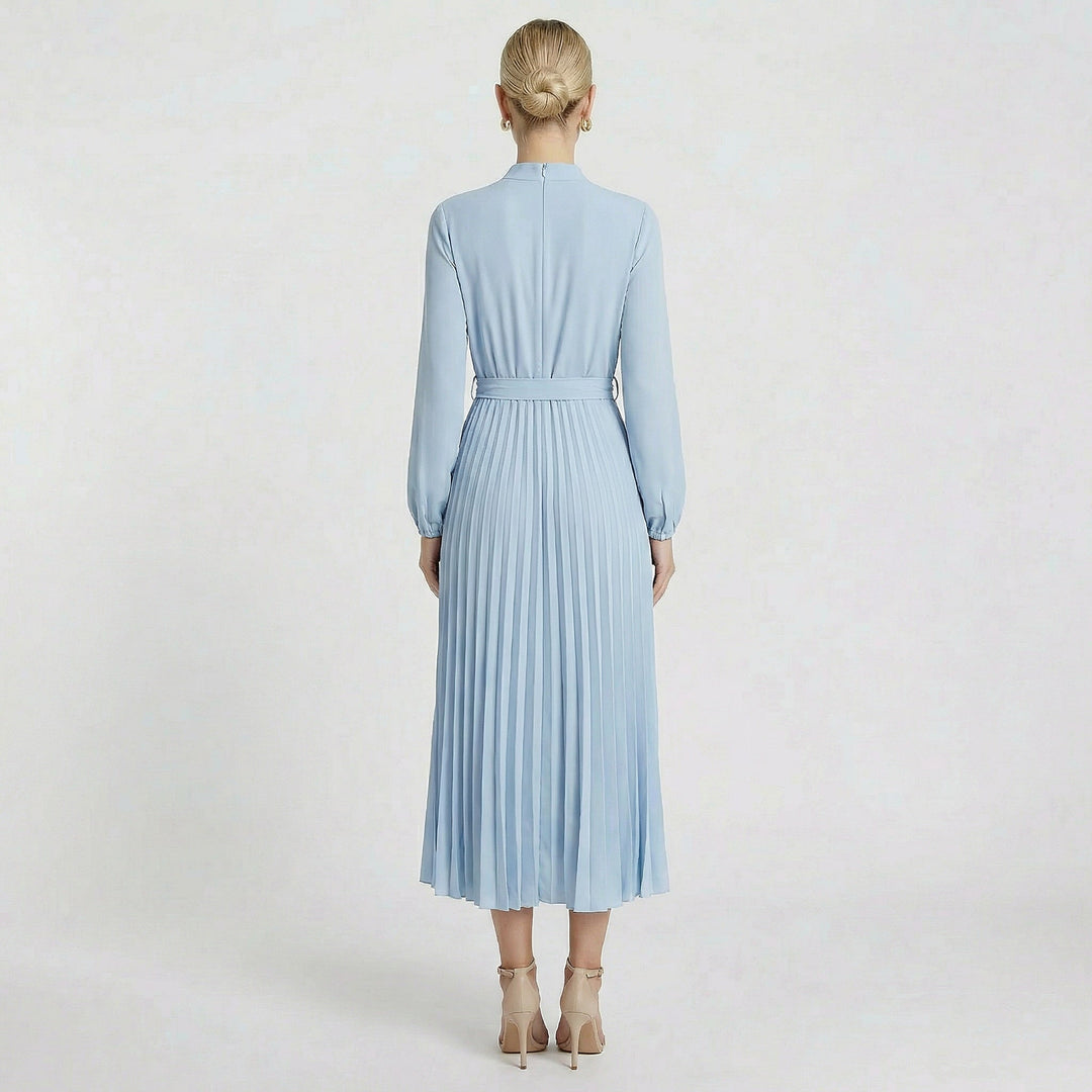 Women's Long Sleeve Pleated Midi Dress Belted Slim Fit