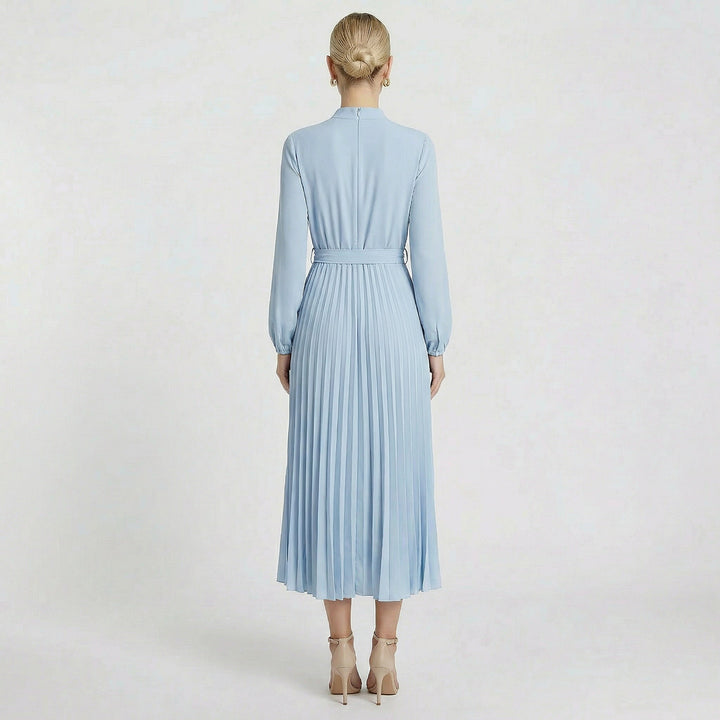 Women's Long Sleeve Pleated Midi Dress Belted Slim Fit
