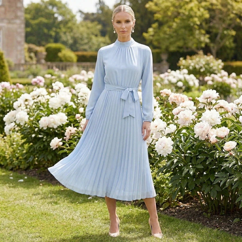 Women's Long Sleeve Pleated Midi Dress Belted Slim Fit