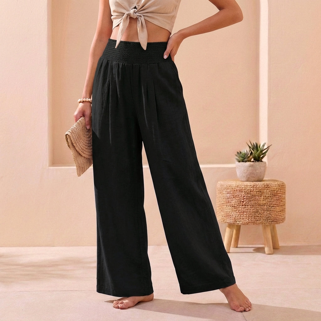 Women's Wide Leg Linen Trousers with Smocked Waist