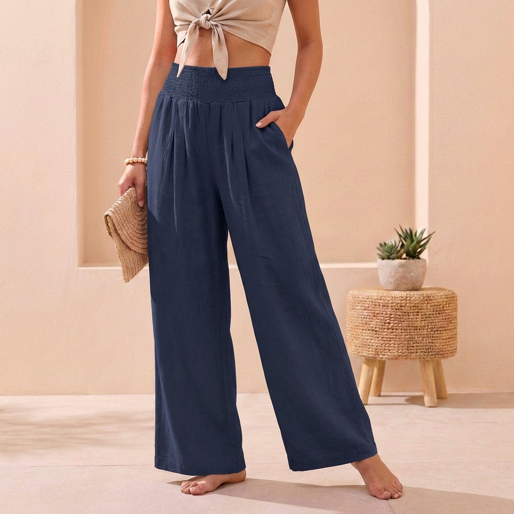 Women's Wide Leg Linen Trousers with Smocked Waist