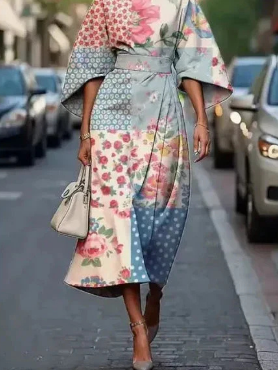 Women's Floral Cape Sleeve Midi Dress