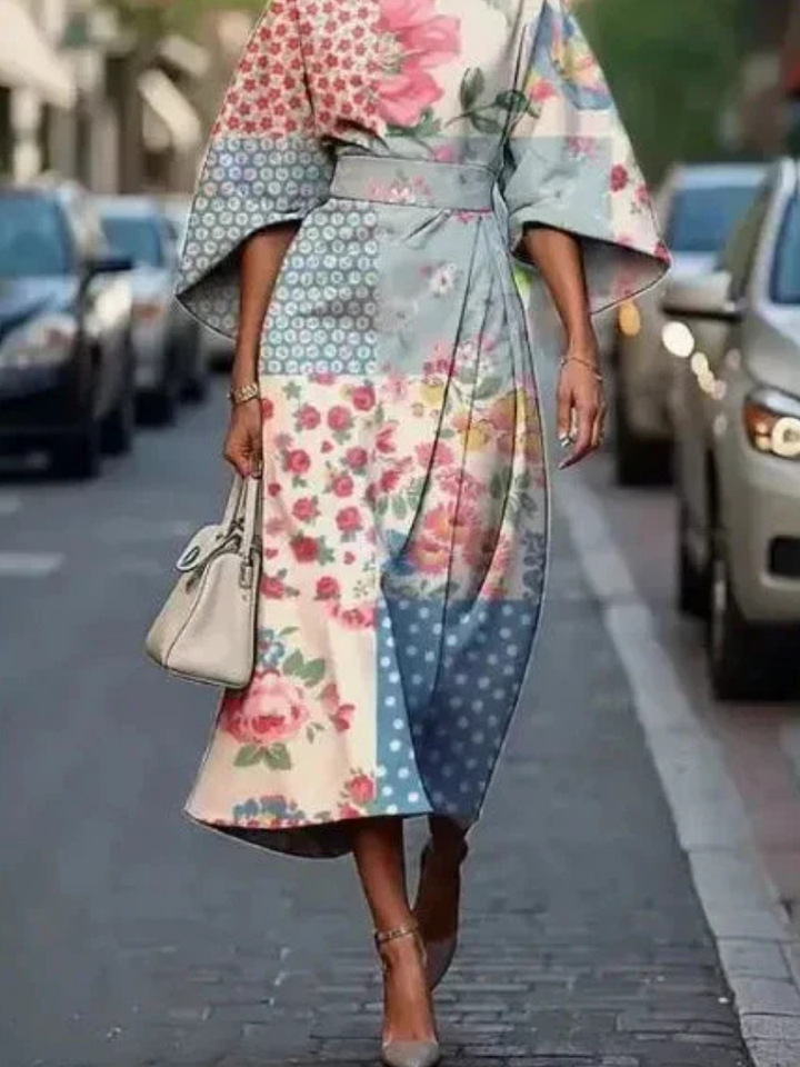 Women's Floral Cape Sleeve Midi Dress