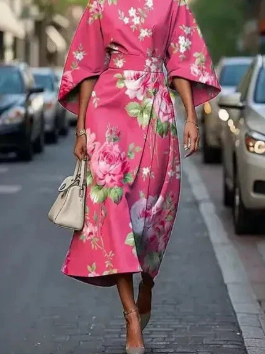 Women's Floral Cape Sleeve Midi Dress