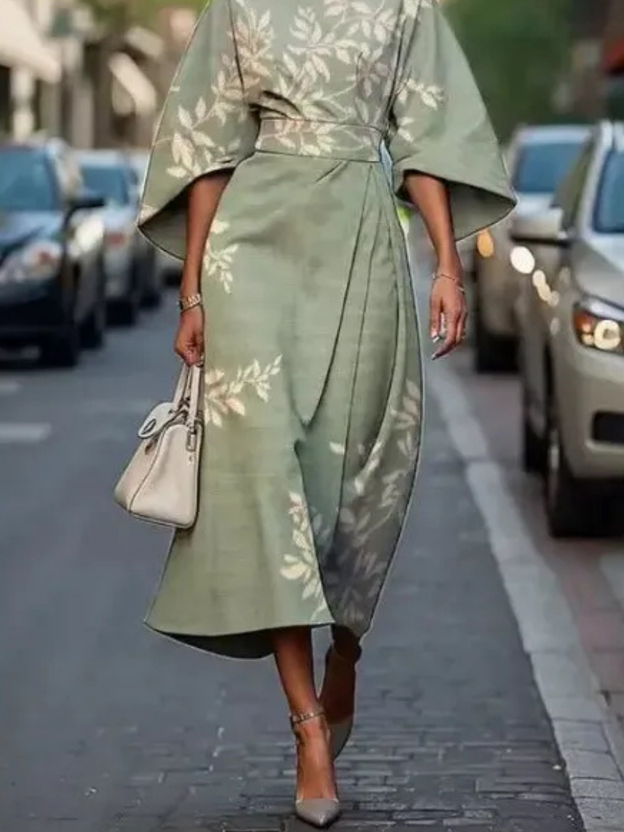 Women's Floral Cape Sleeve Midi Dress