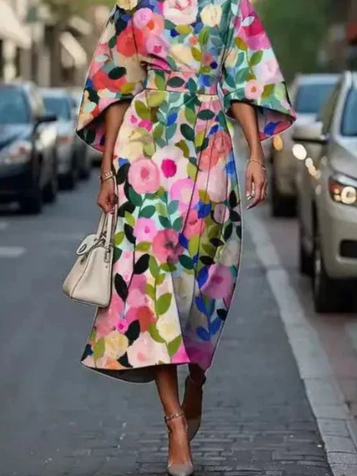 Women's Floral Cape Sleeve Midi Dress