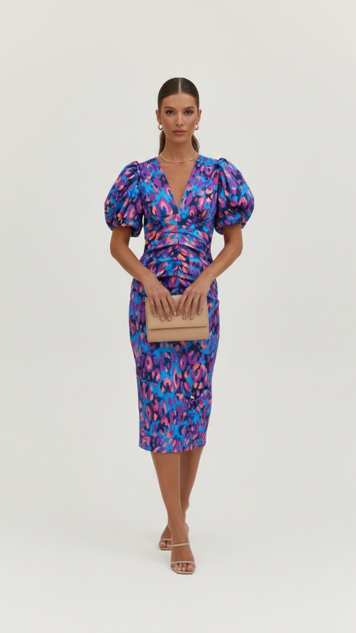 Women's Puff Sleeve Ruched Cocktail Dress