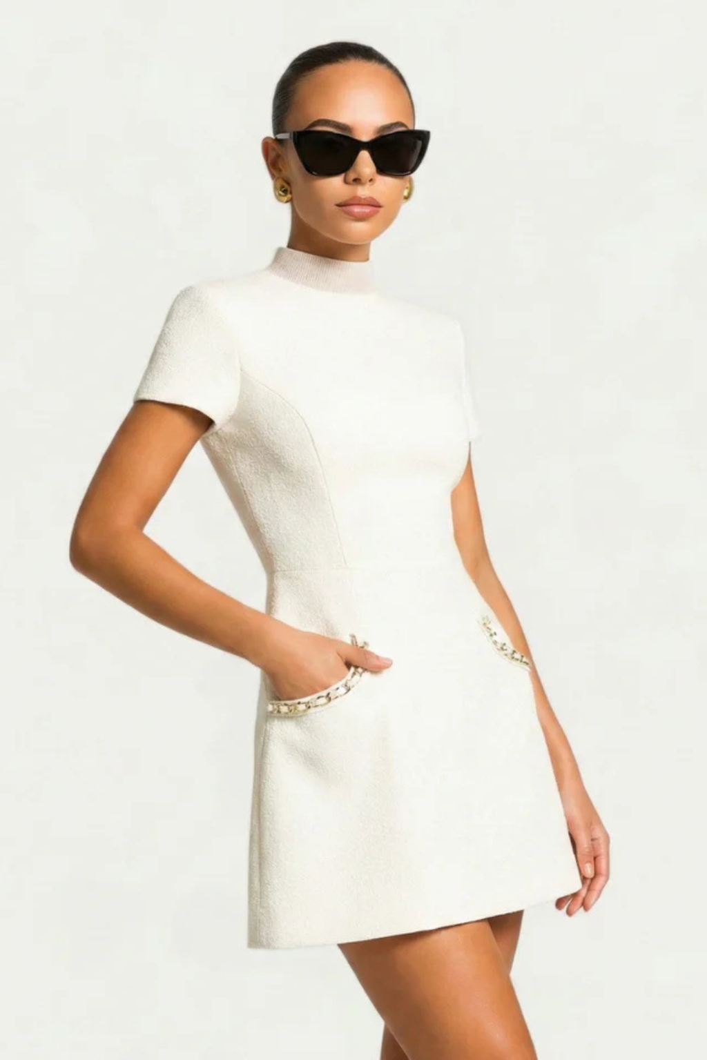 Women's Pearl Trim Mini Dress Short Sleeve High Neck