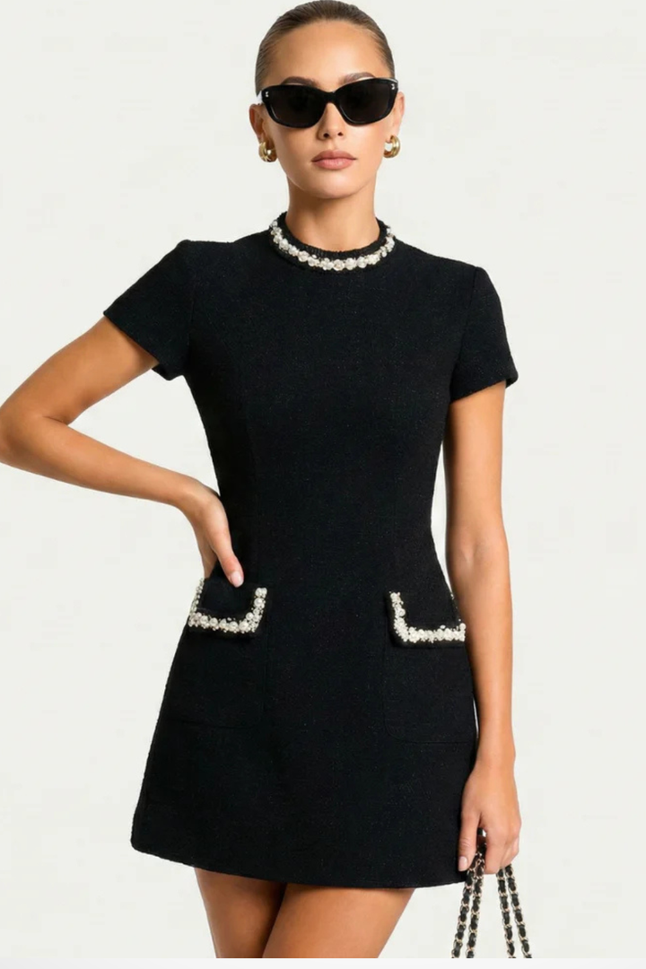 Women's Pearl Trim Mini Dress Short Sleeve High Neck