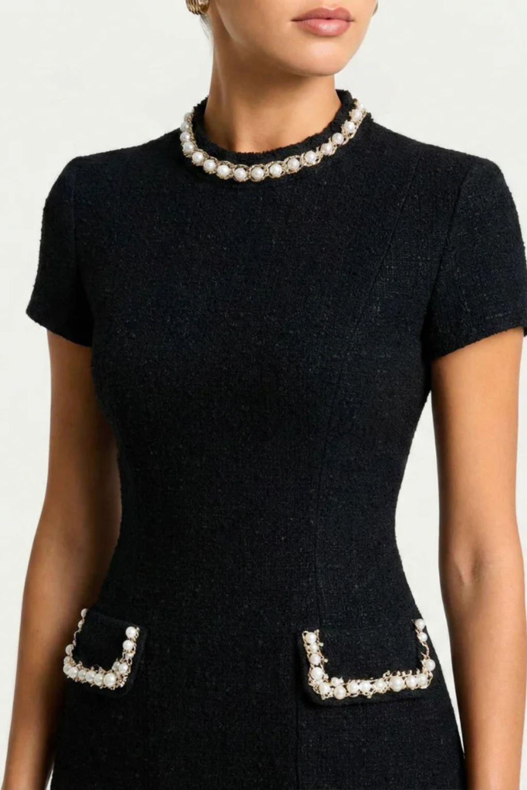 Women's Pearl Trim Mini Dress Short Sleeve High Neck