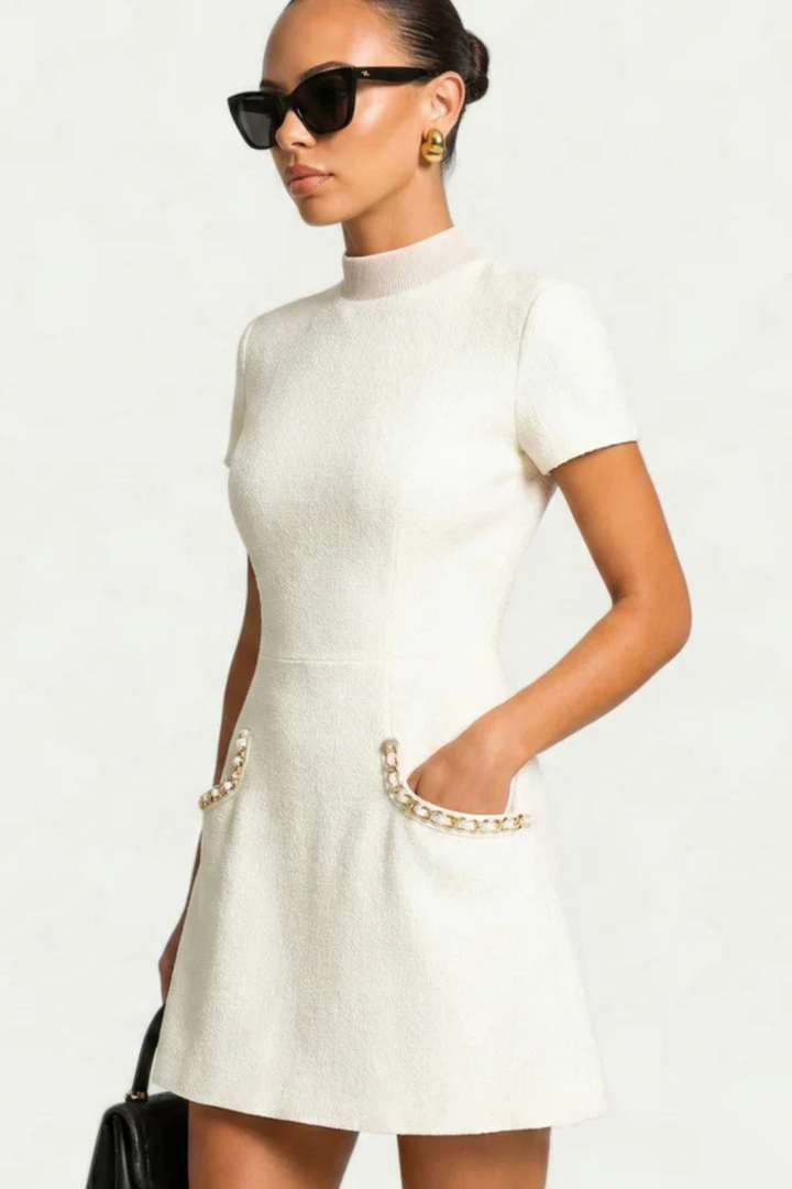 Women's Pearl Trim Mini Dress Short Sleeve High Neck