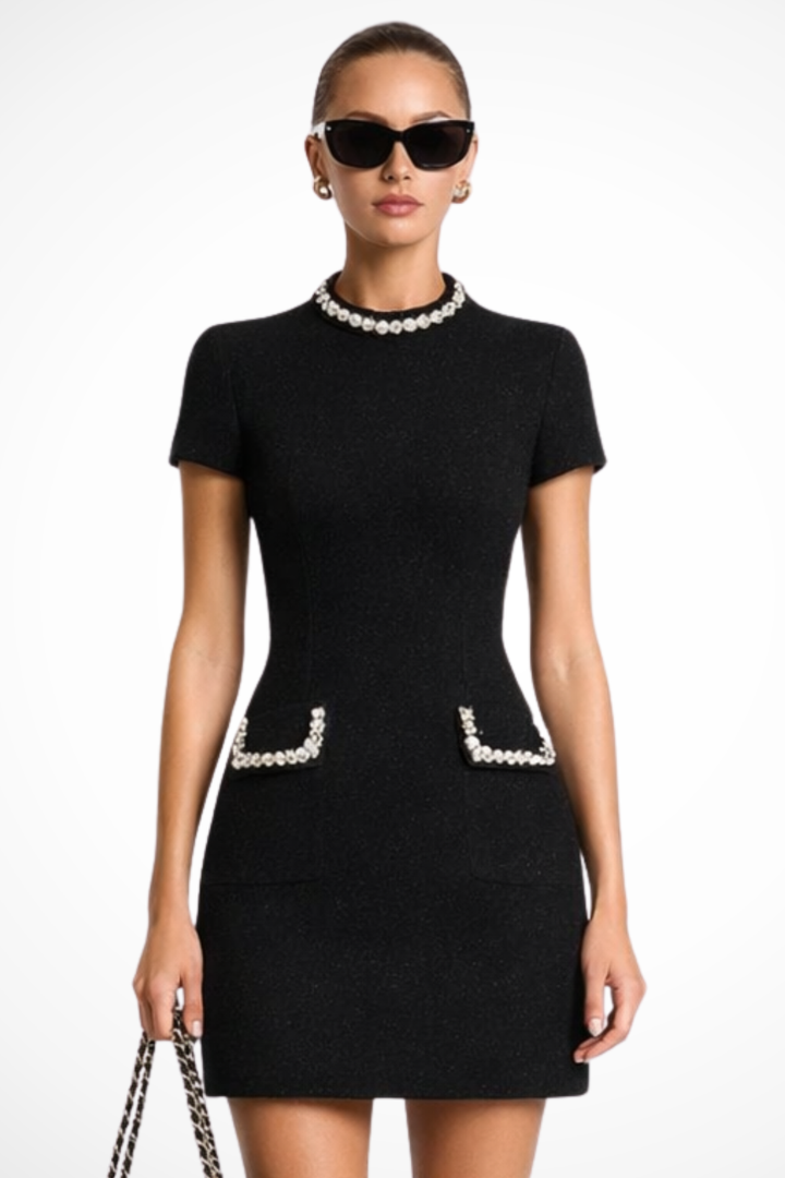 Women's Pearl Trim Mini Dress Short Sleeve High Neck