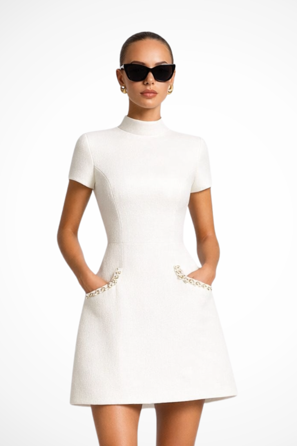 Women's Pearl Trim Mini Dress Short Sleeve High Neck