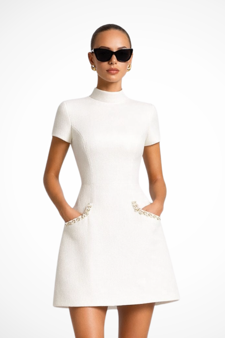 Women's Pearl Trim Mini Dress Short Sleeve High Neck