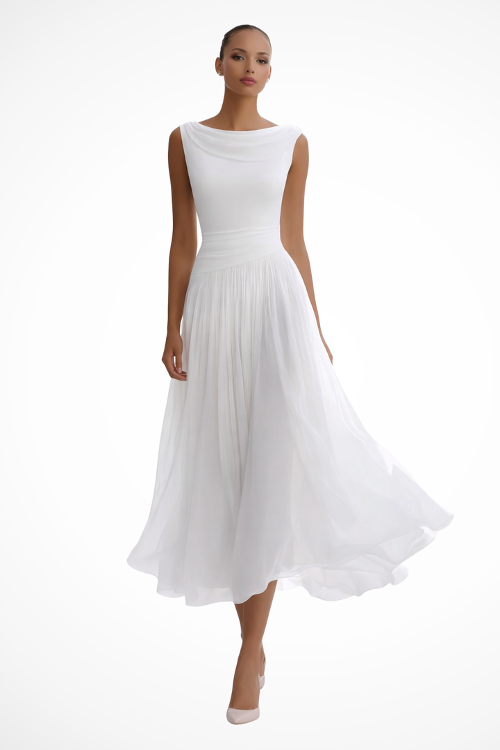 Women's Draped Pleated Midi Dress Sleeveless Wedding Guest