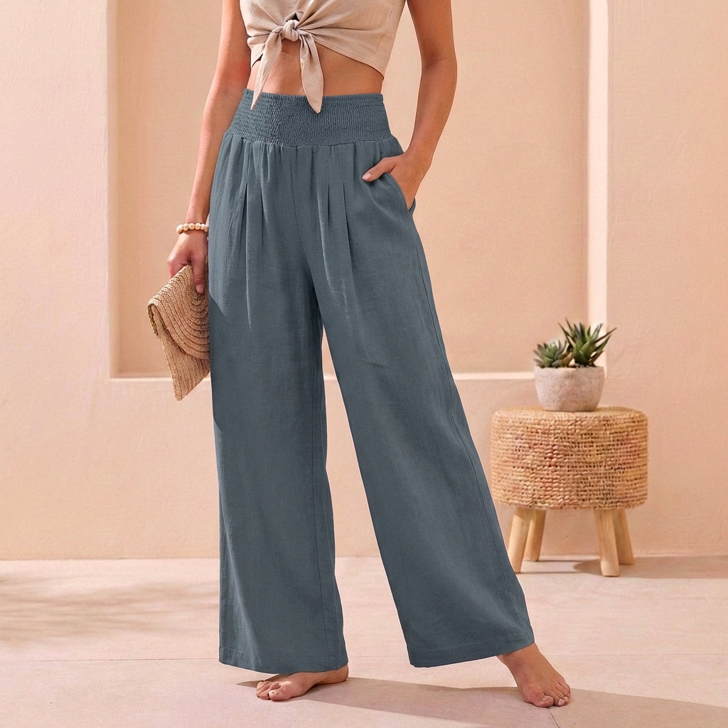 Women's Wide Leg Linen Trousers with Smocked Waist