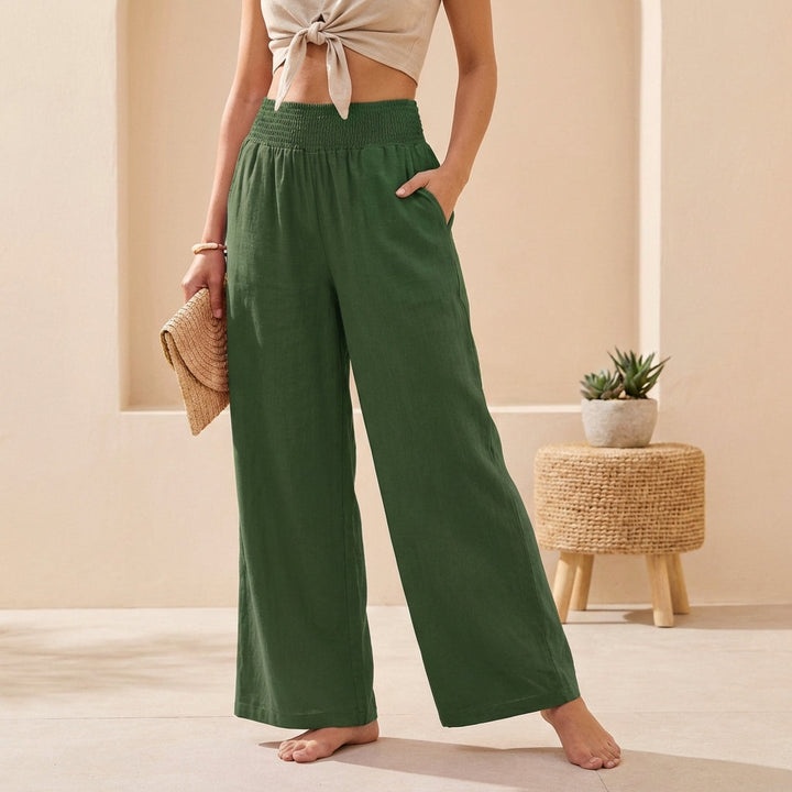 Women's Wide Leg Linen Trousers with Smocked Waist