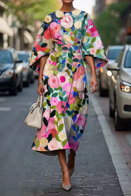 Women's Floral Midi Dress Belted Wrap Style