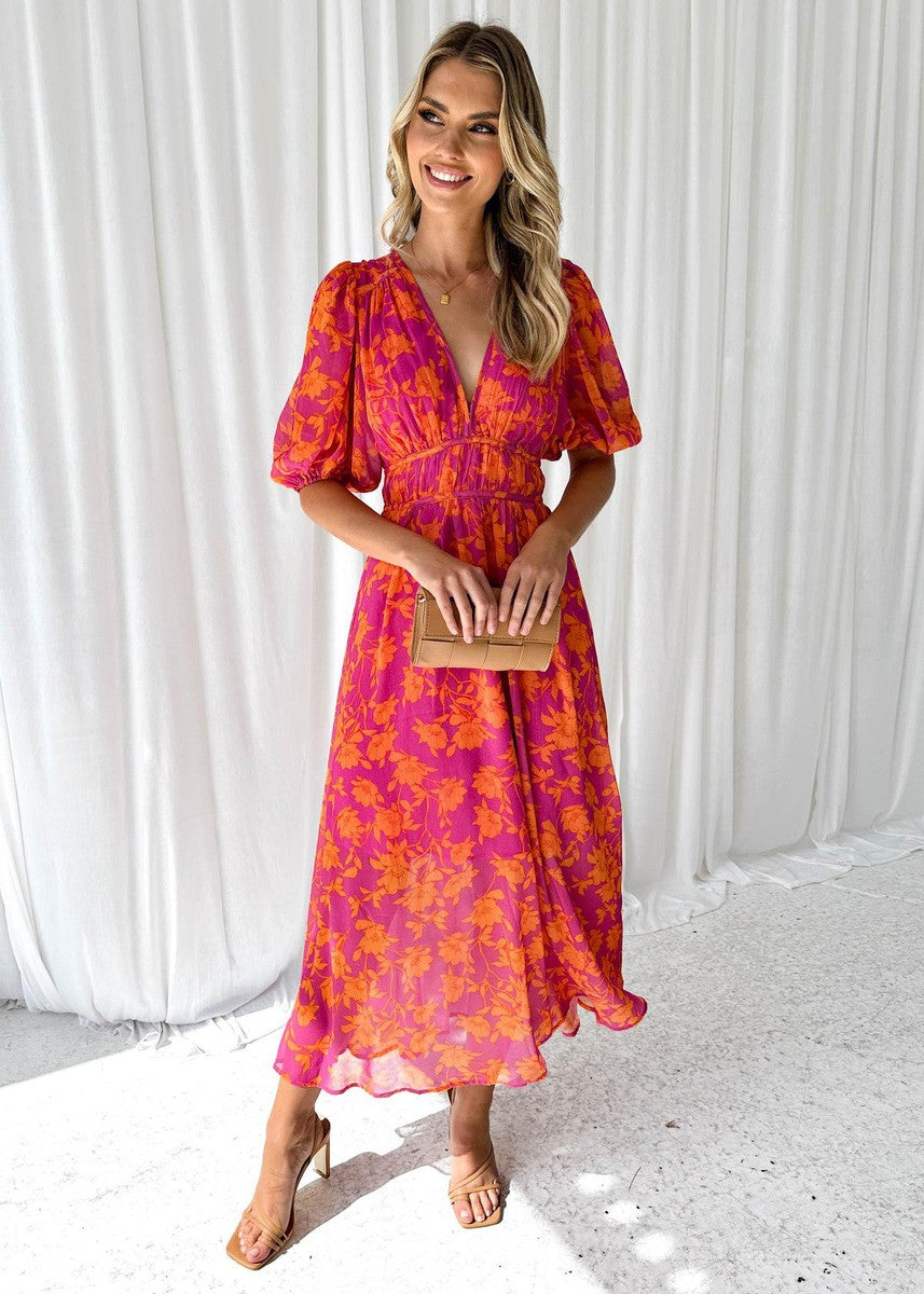 Women's Floral Midi Dress Puff Sleeve V Neck