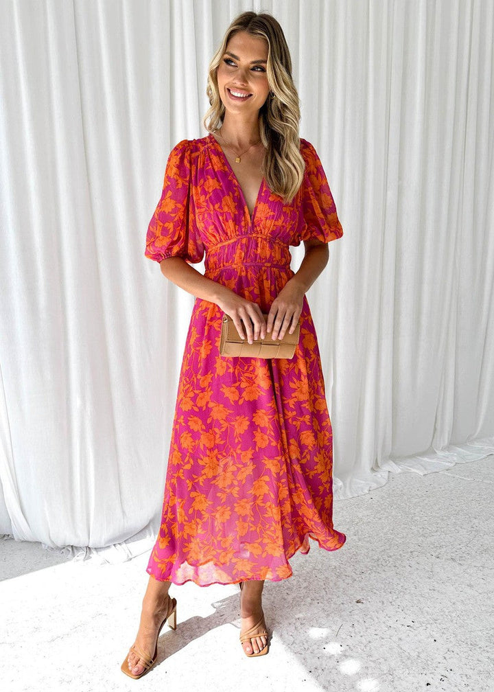 Women's Floral Midi Dress Puff Sleeve V Neck
