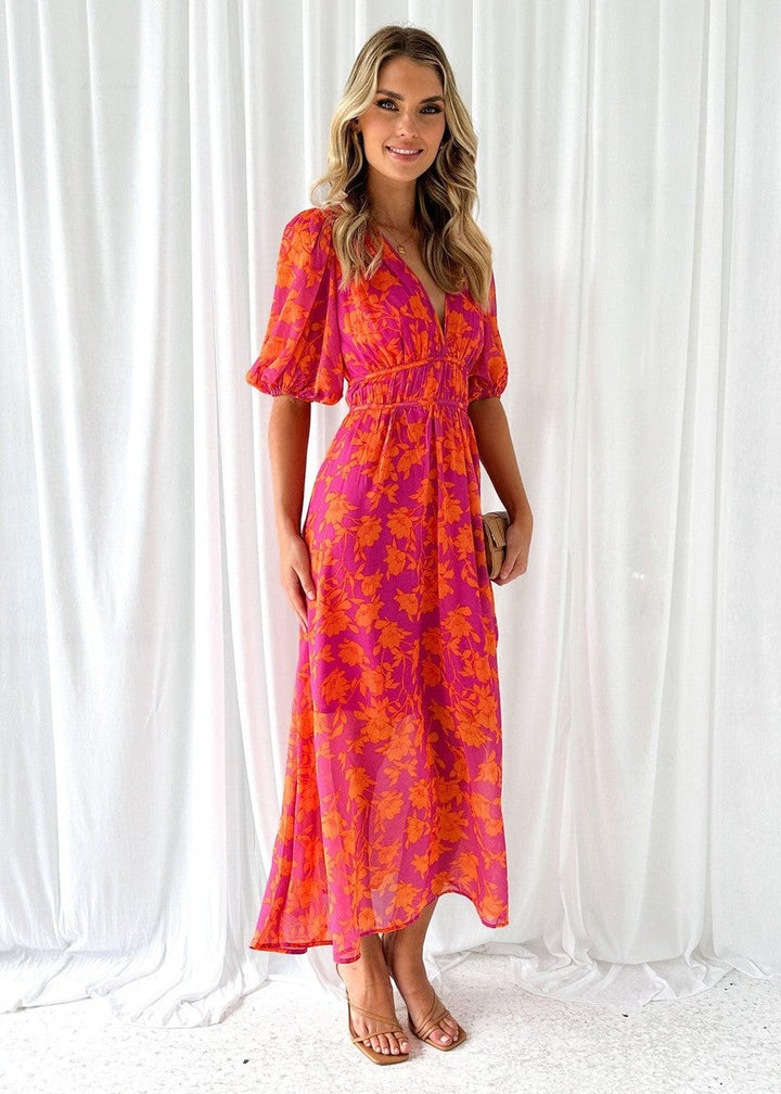 Women's Floral Midi Dress Puff Sleeve V Neck