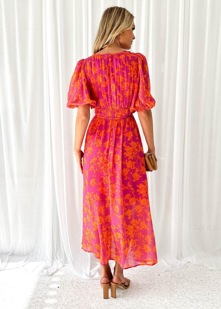 Women's Floral Midi Dress Puff Sleeve V Neck
