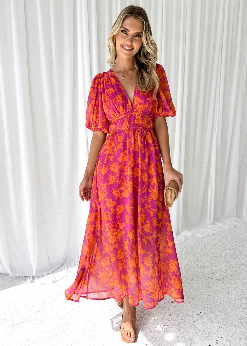 Women's Floral Midi Dress Puff Sleeve V Neck