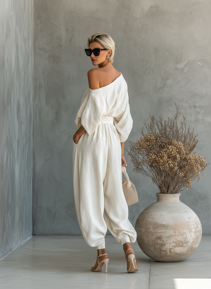 Women's Linen Co-Ord Set Off Shoulder Top Tapered Trousers