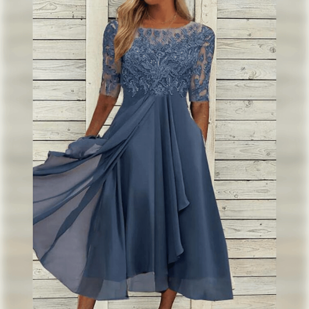 Women's Lace Evening Midi Dress Three Quarter Sleeve
