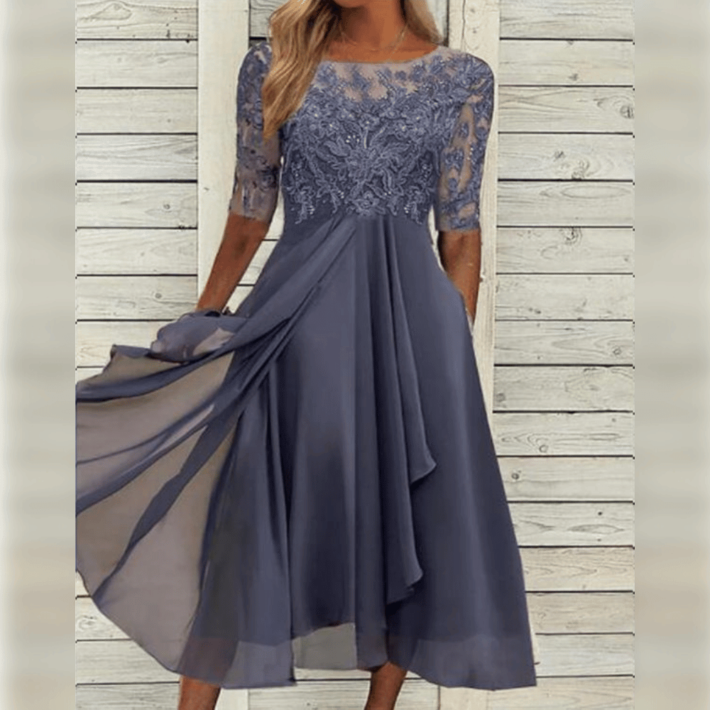 Women's Lace Evening Midi Dress Three Quarter Sleeve