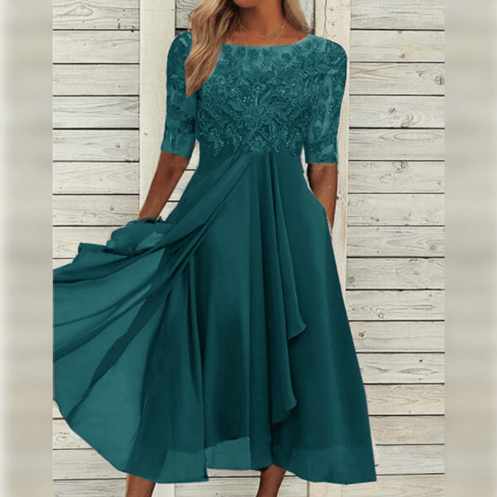 Women's Lace Evening Midi Dress Three Quarter Sleeve