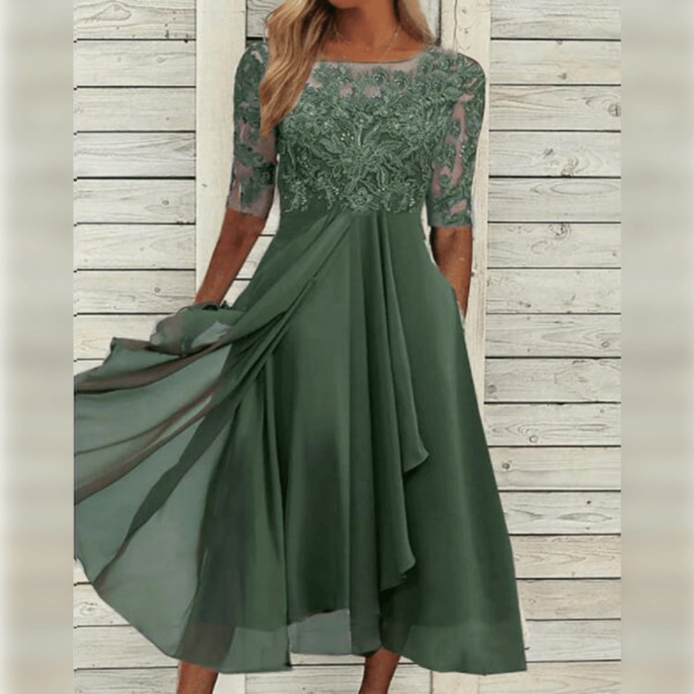 Women's Lace Evening Midi Dress Three Quarter Sleeve